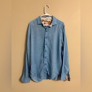 Robert Graham Blue Linen Button Down Shirt Size Large Long Sleeve Embroidered